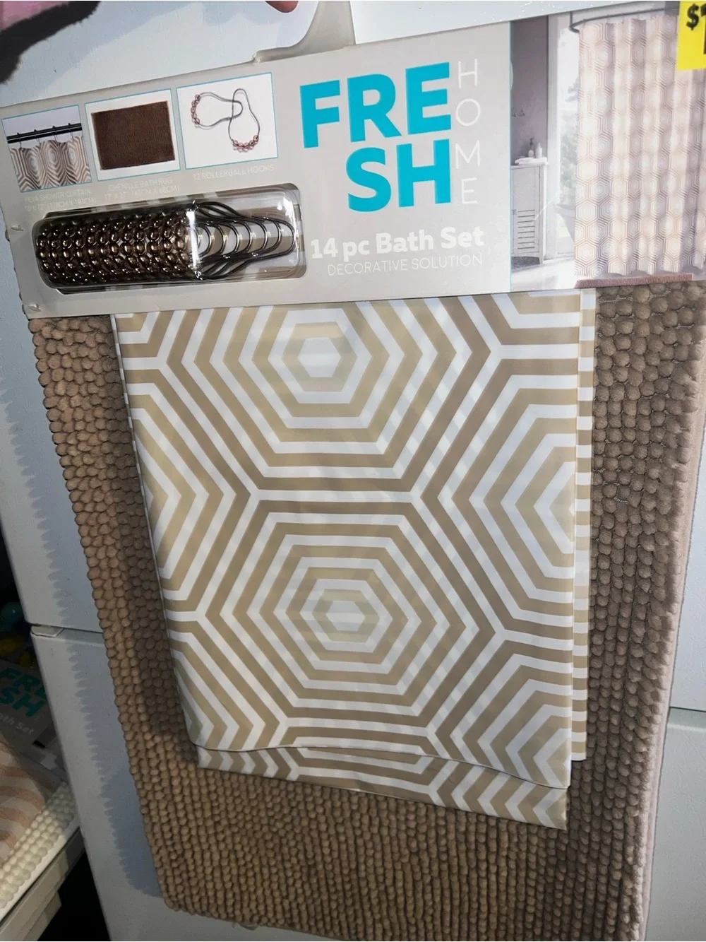 Beige Geometric Shower Curtain & Bath Mat Set